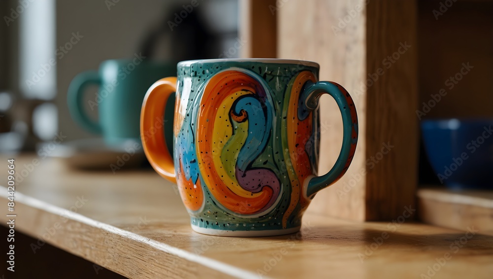 Fototapeta premium The story behind a vibrant, multicolored mug sitting on a kitchen shelf ai_generated