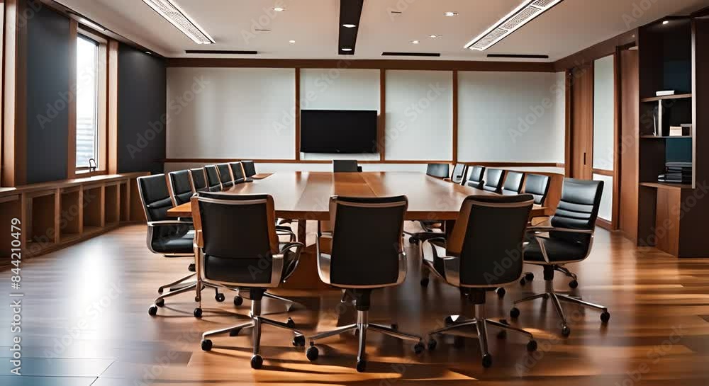 Spacious meeting room in office with wooden table and chairs Spacious meeting room in office with wooden table and chairs