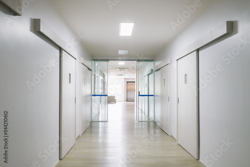 Medical healthcare hospital, clinic background. Hall way, corridor walkway and passage.