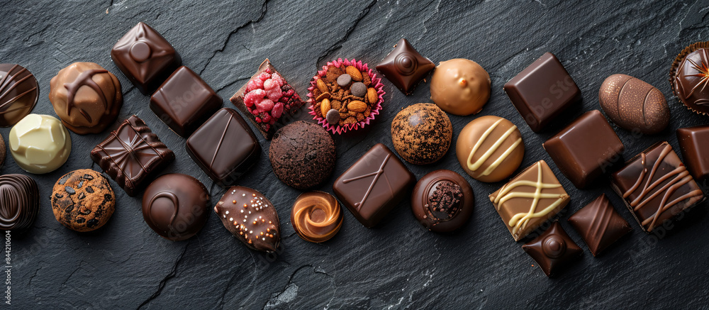 Assorted chocolate delicacies arranged on a dark surface, symbolizing world chocolate day Assorted chocolate delicacies arranged on a dark surface, symbolizing world chocolate day