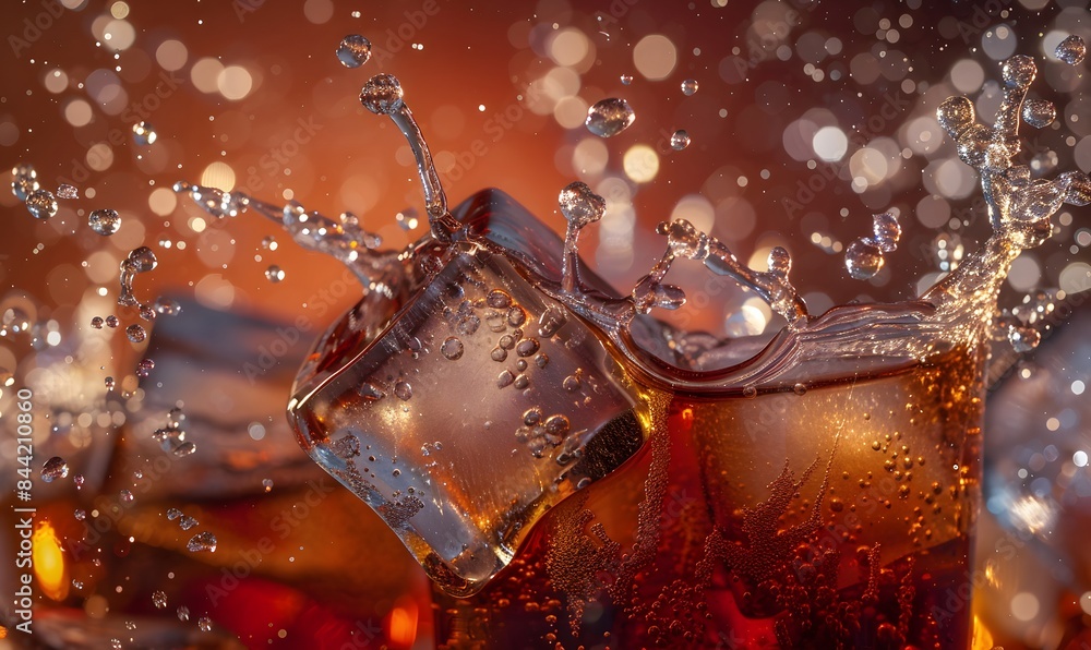 Cola soda and ice splashing fizzing or floating up to top of surface, Generative AI Cola soda and ice splashing fizzing or floating up to top of surface, Generative AI