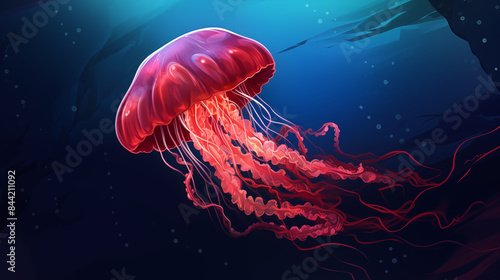 red jellyfish underwater water color illustration