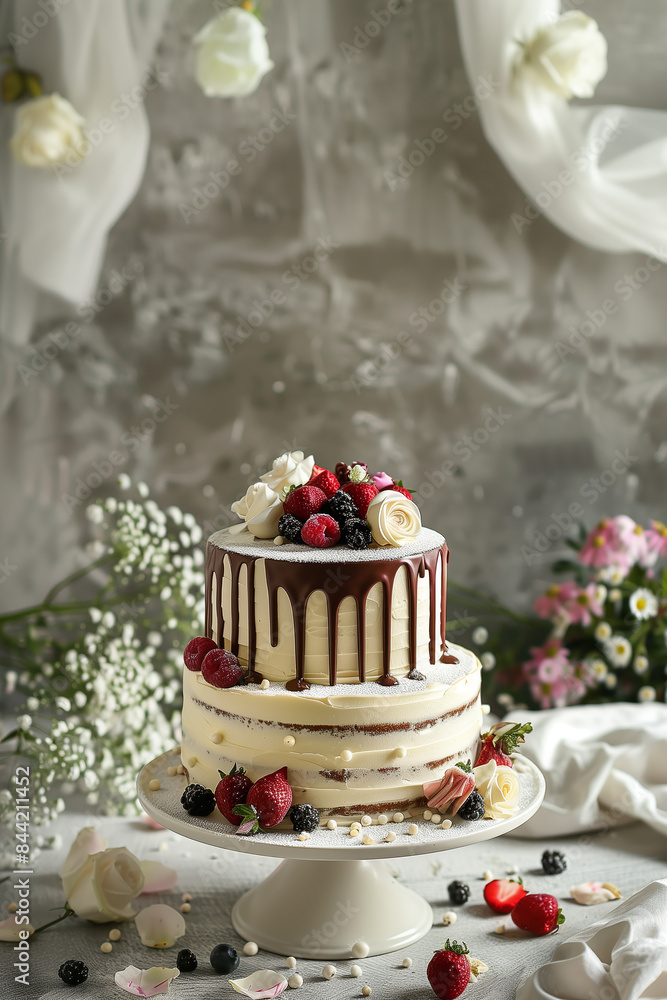 Fototapeta premium cake, 케이크, 결혼, 장미꽃, 파티, 크림, 화이트 초콜릿 케이크, 이단케이크, 웨딩케이크, flower, 분홍, 쇼콜라, 당, 데코, 탁자, 안개꽃, 기념,