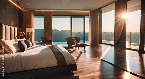 A modern luxury hotel room with a swimming pool