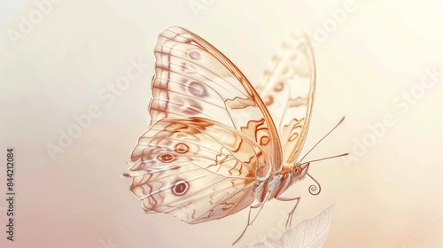 A delicate butterfly with intricate wing patterns  isolated on a soft pastel background.