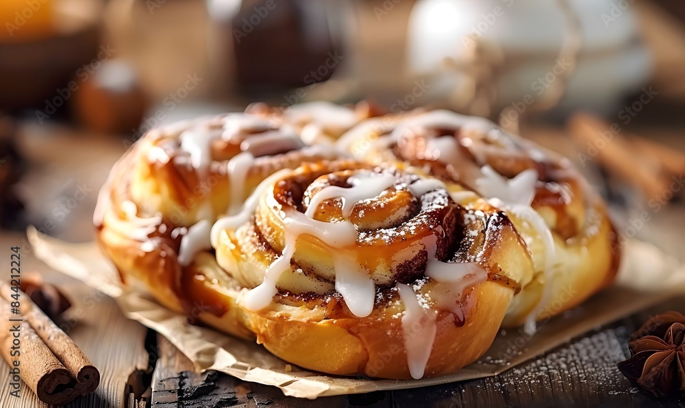freshly baked cinnamon rolls on wooden table, Generative AI freshly baked cinnamon rolls on wooden table, Generative AI