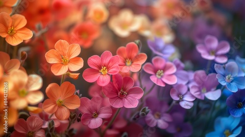 The image shows a beautiful close-up of a flower field with a gradient of colors from orange to purple. © Lucky_jl