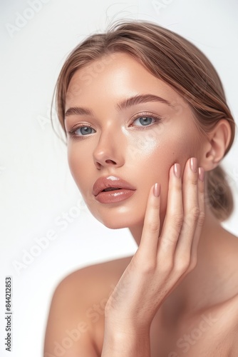 Spa or cosmetics advertisement, beauty concept, cosmetic concept, skin medical beauty concept, beautiful woman touching her face with beautiful skin, young girl model touching neck,