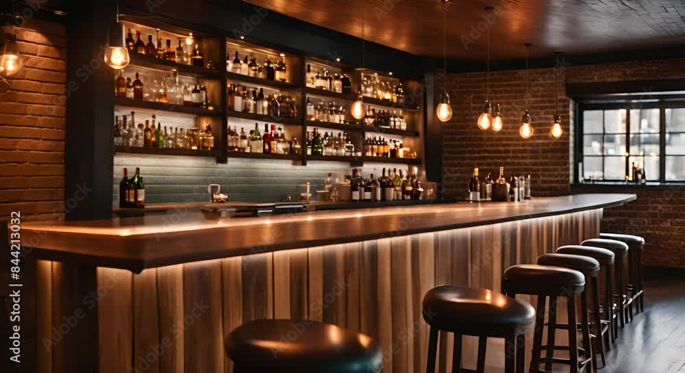Modern bar interior with wooden tables and brick walls in an industrial style Modern bar interior with wooden tables and brick walls in an industrial style