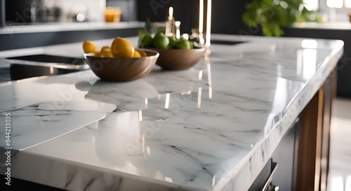 A white marble table in the modern kitchen interior	
