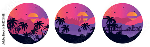 collection of tropical landscapes vector pink sunset. retro tropical landscape vector illustration. landscape with palm trees in round frame very peri, vector 