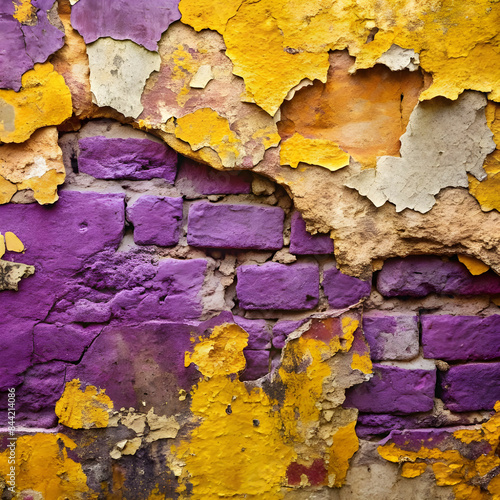 flaking purple and yellow paint on old wall surface