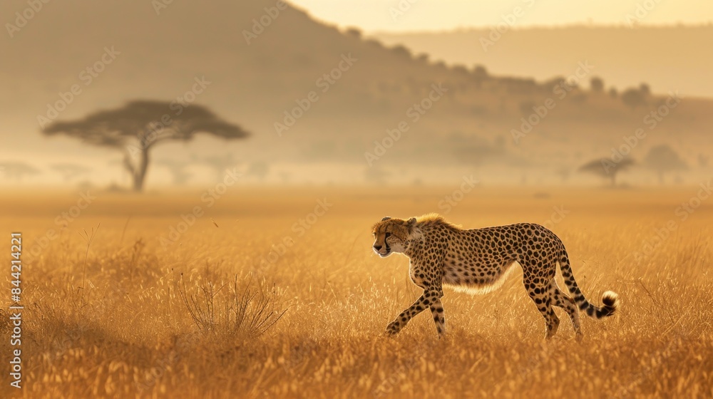 Obraz premium A cheetah is walking across a dry grass field, with a tree and a hill visible in the distance against a foggy sky backdrop.