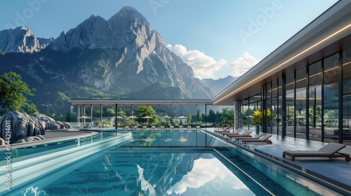 Luxury hotel resort with pool panorama view mountains