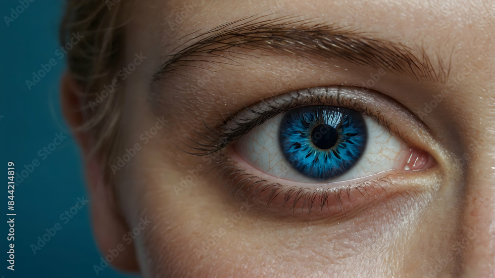 Obraz premium A close-up image of a woman's eye with blue sea-colored iris
