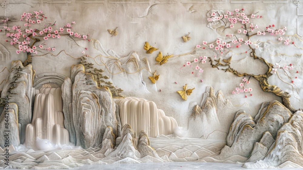 The concrete wall is adorned with volumetric stucco molding featuring golden elements, depicting a serene Japanese landscape complete with waterfalls, mountains, and blossoming sakura trees. The concrete wall is adorned with volumetric stucco molding featuring golden elements, depicting a serene Japanese landscape complete with waterfalls, mountains, and blossoming sakura trees.