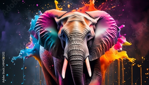 zebra crossing the road, wallpaper elephant at sunset, person in the night, art-inspired image of Elephant set on a black backdrop and with splashes of neon paint © Bilal