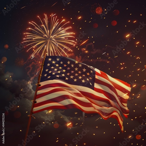 Realistic 3D design featuring a waving flag and fireworks for Patriot Day celebration.