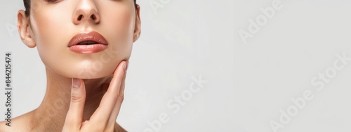 Beautiful woman touching her face with beautiful skin, young girl model touching neck, spa or cosmetics advertisement, beauty concept, cosmetic concept, skin medical beauty concept