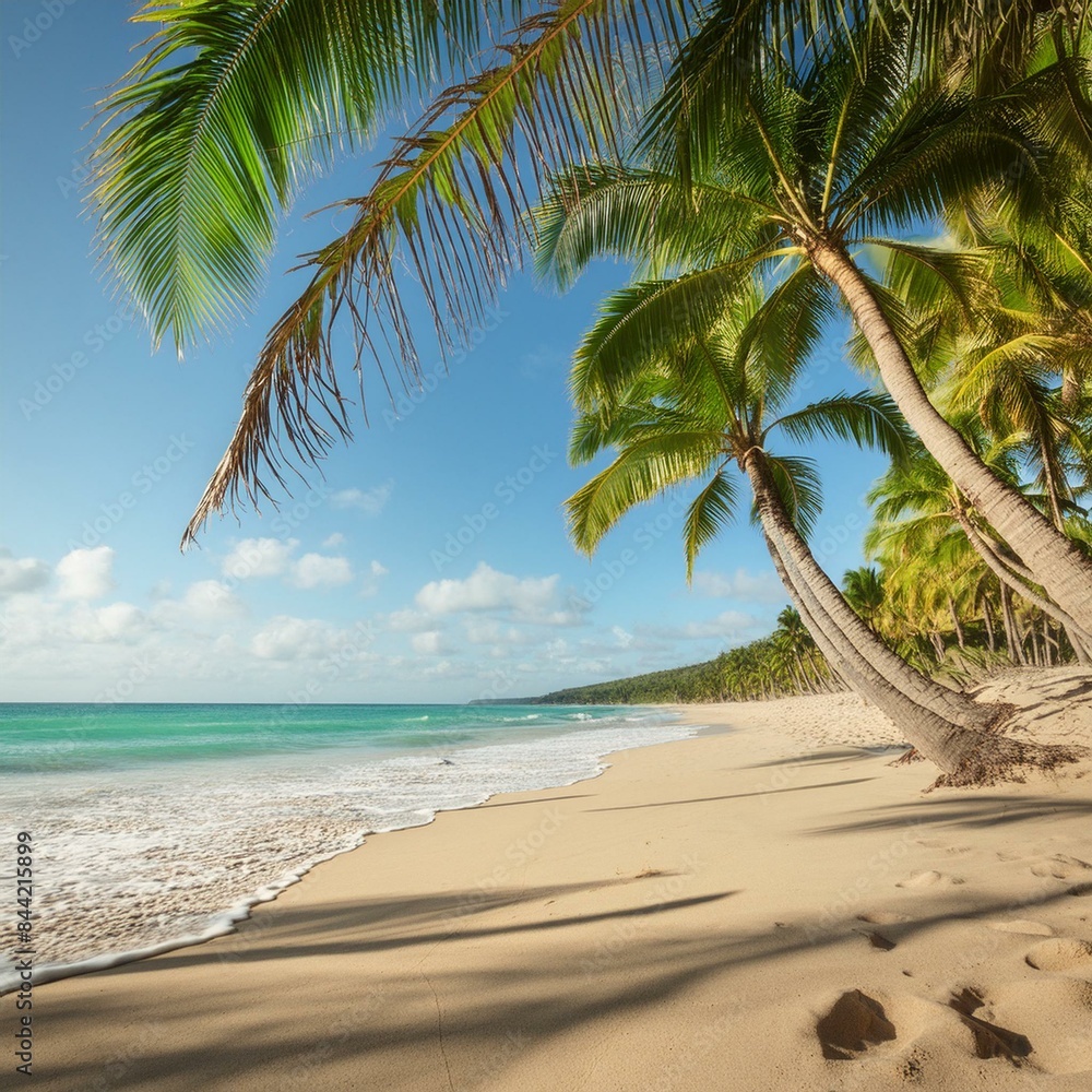 Fototapeta premium A serene beach with palm trees swaying in the breeze. Generative AI
