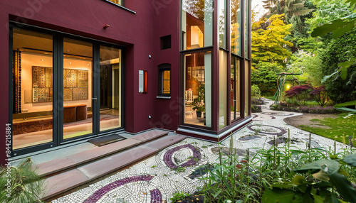 Modern luxury suburban house with maroon walls and glass-framed doors, surrounded by a garden with mosaic tile paths.
