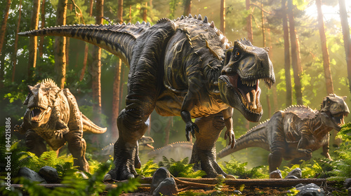 Realistic Dinosaurs Walking in a Hyper-Detailed Forest