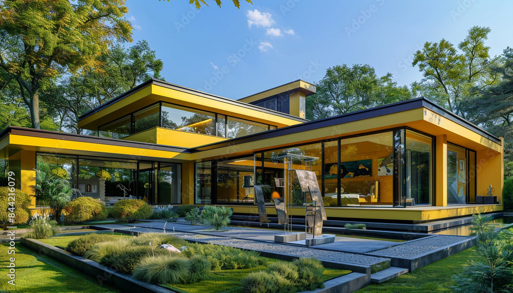 Modern luxury suburban house with mustard yellow walls and large glass panes, surrounded by a garden with a modern art installation. Modern luxury suburban house with mustard yellow walls and large glass panes, surrounded by a garden with a modern art installation.