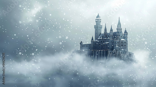 Snow falling on a historic castle