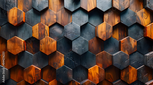 Dark Wooden Hexagonal Wall Tiles with Geometric Pattern