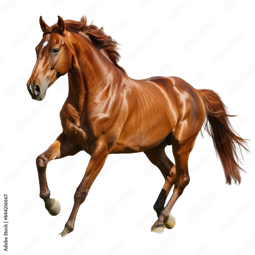 Naklejka premium Glossy Chestnut Horse in a Field Isolated on Transparent or White Background, PNG