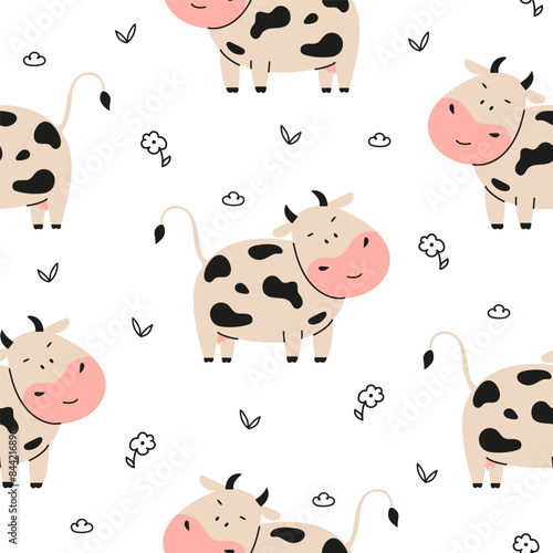 Cute cow seamless pattern with flower and leaf