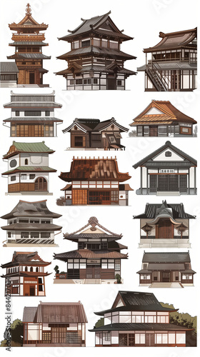 Wallpaper Mural Illustration of Traditional Japanese Pagodas and Houses
 Torontodigital.ca