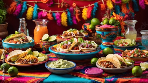 A festive and colorful image of a Mexican fiesta table, adorned with tacos and margaritas, infused with vibrant, festive decorations © UZAIR