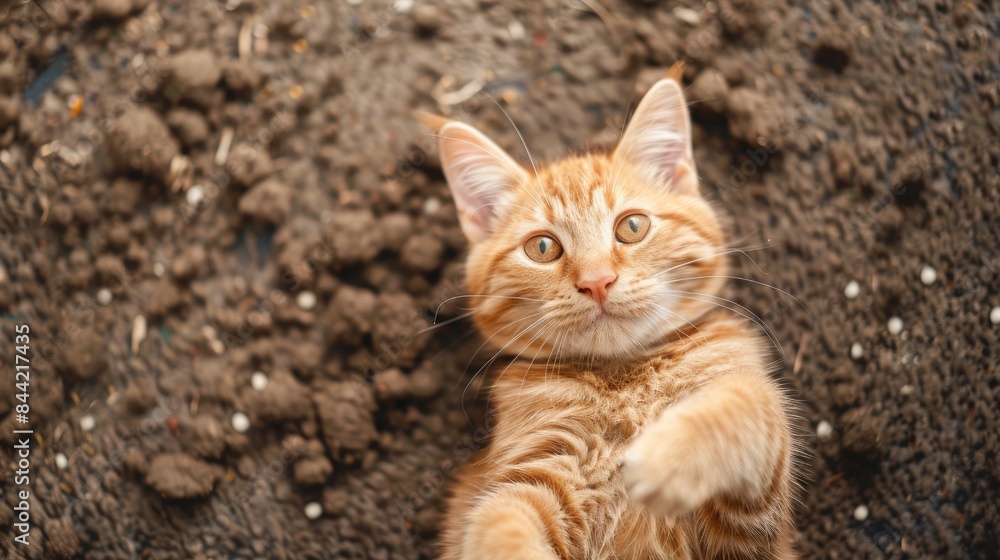 Adorable orange cat on a carpet with dirt spread around seen from above Adorable orange cat on a carpet with dirt spread around seen from above