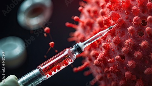 a syringe injecting into a red virus particle