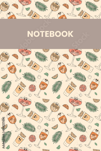 Retro groovy characters summer cocktails. Notebook or diary cover with cute alcohol beverage aperol spritz, negroni, tequila, cosmopolitan and other. Vector surrealism illustration