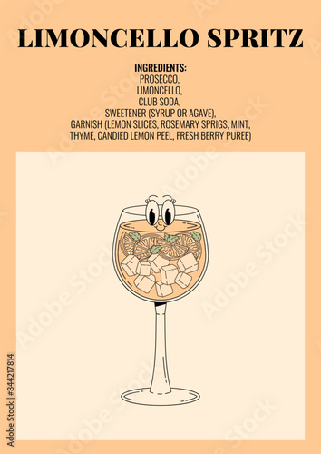 Groovy character limoncello spritz. Retro poster with popular alcoholic cocktail and its ingredients. Vintage vector illustration in 70s, 80s style