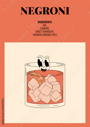 Groovy character negroni. Retro poster with popular alcoholic cocktail and its ingredients. Vintage vector illustration in 70s, 80s style