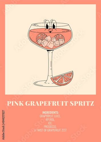 Groovy character pink grapefruit spritz. Retro poster with popular alcoholic cocktail and its ingredients. Vintage vector illustration in 70s, 80s style
