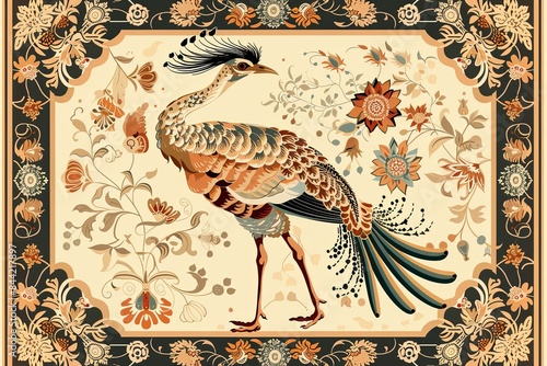 Illustration concept showcasing a charming houbara bustard bird motif on a colorful tapestry. Celebrating the beauty of wildlife through art. photo