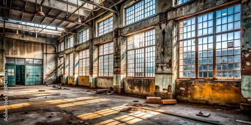 Large Abandoned Factory Building With Broken Windows And Sunlight Shining Through photo