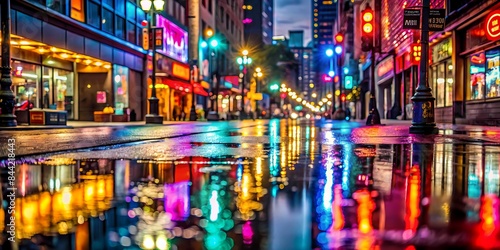 City Lights Reflecting Off Wet Pavement At Night.