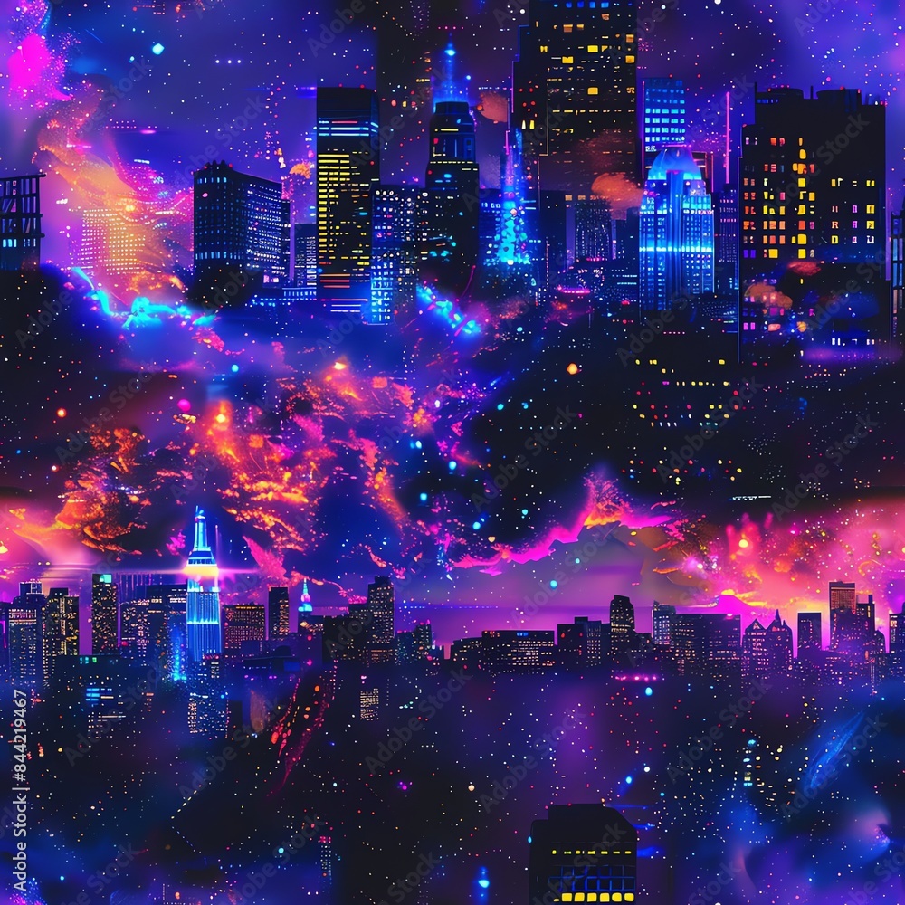 Fototapeta premium Night sky transformed into a neon galaxy above a cityscape, with bright, colorful constellations and glowing nebulae, ideal for futuristic event posters and travel magazine covers