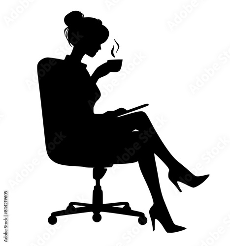 Silhouette of person sitting on office chair, woman relax  drink coffee and reading on chair