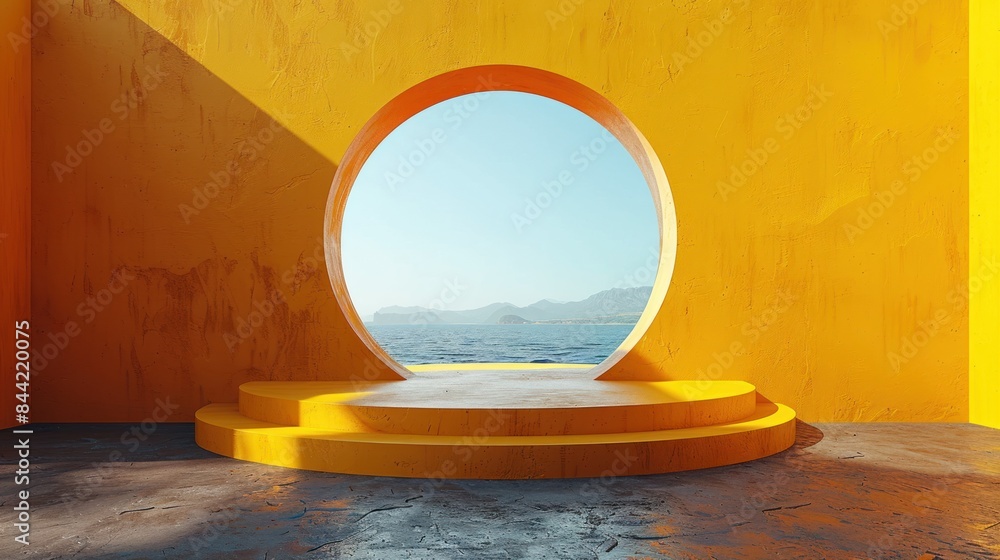 Blank yellow display on vivid summer background with minimal style Blank yellow display on vivid summer background with minimal style