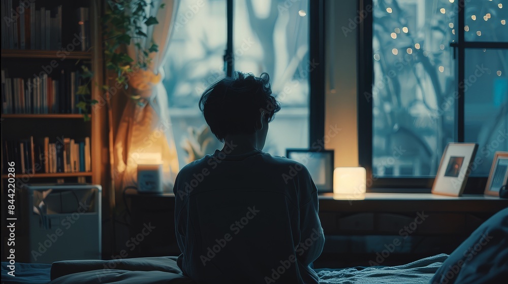 Back view of a man sitting on a bed in a cozy, dimly lit bedroom at night, surrounded by books and soft lighting. Back view of a man sitting on a bed in a cozy, dimly lit bedroom at night, surrounded by books and soft lighting.
