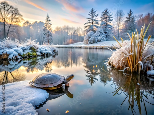 A Lone Turtle Sits On The Edge Of A Frozen Pond, Surrounded By Snow-Covered Trees. photo