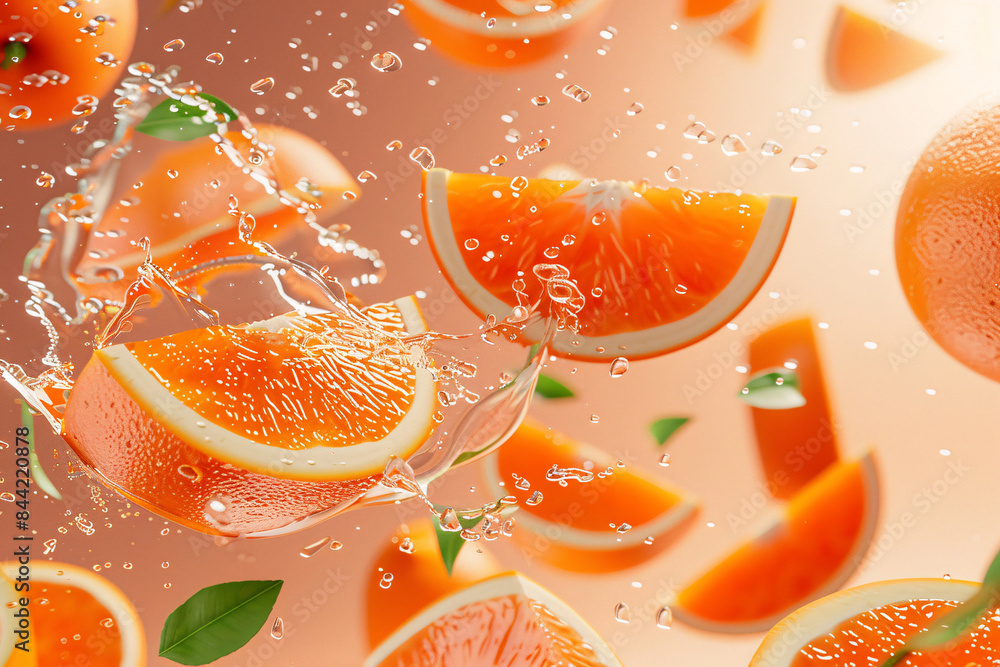 Dynamic image of fresh orange slices splashing in water with bubbles, highlighting the vibrant, juicy, and refreshing qualities of citrus fruits in an energetic and lively scene Dynamic image of fresh orange slices splashing in water with bubbles, highlighting the vibrant, juicy, and refreshing qualities of citrus fruits in an energetic and lively scene