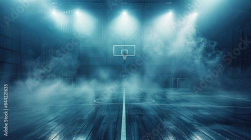 Dynamic view of a basketball court in a stadium with bright lights and theatrical smoke effects