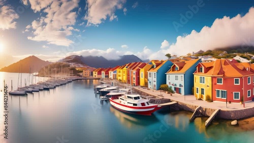 Colorful waterfront harbor lined with vibrant buildings and docked boats at sunset. The calm water reflects the lively hues of the buildings, creating a picturesque and serene scene.  photo